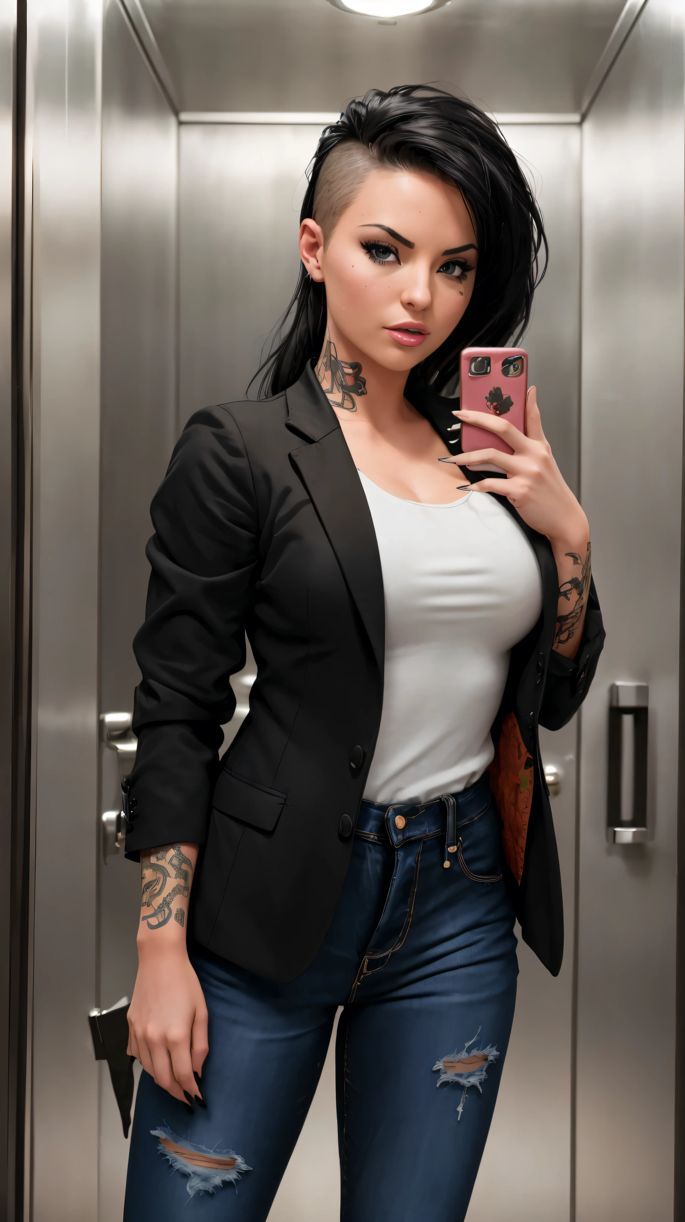 film photo ChristyMackQuiron woman, mohawk hair, black hair, realista, a woman Shot putwearing a suit jacket and jeans, suit jacket, black jacket, t shirt, tight jeans, de buen tono, 35mm photography, movie, bokeh, profesional, 4k, muy detallado, (((mirror selfie, holding phone, inside elevator, hotel elevator)))