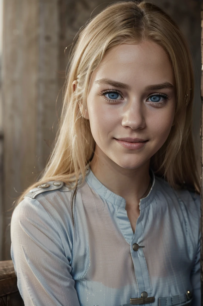 Very young blonde and blue-eyed woman, Krista Lenz beautiful realistic blonde hair and blue eyes, sexy, little clothing, sweet face, smiles looking at the camera, ultra realista, Happy expression, mischievous face, military uniform, best quality, female character from Game of Thrones, Beauty, realistic lighting, Attack on Titan, Reiss