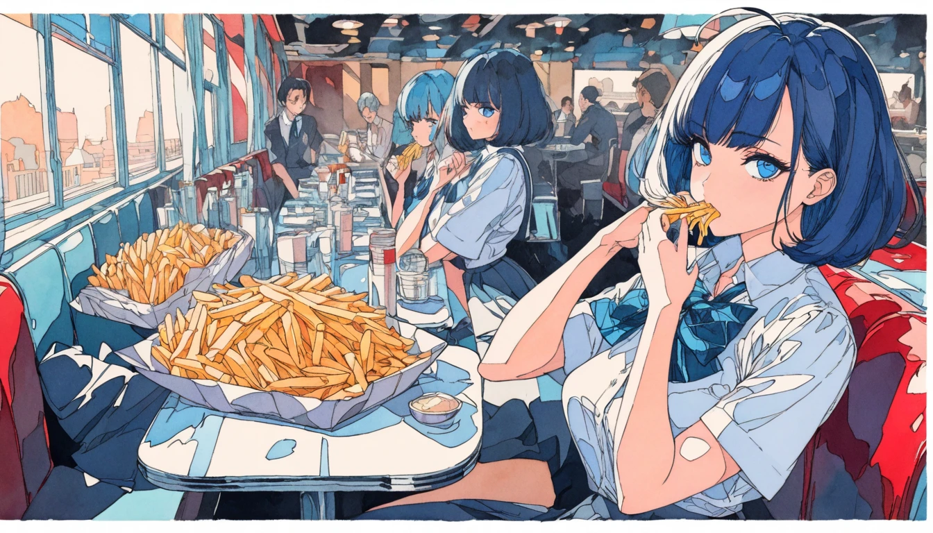 (((beautiful detailed)))(cute face:1.2)1girl, Girl smilying while eating a pile of french fries, Inside a 1950s-style diner, 1950s-style interior, Navy blue hair, blue eyes, A short-sleeved white shirt with four vertical bow ties, Ahoge, long bob cut with fluffy hair(sharp lines:1.2)(clear line:1.2)(eye details:1.3)(thick border:1.4) animation cel style,ligne claire, limited palette((masterpiece, high quality, best quality))(low contrast: 0.5),Anna yanami, blue hair, blue eyes, school uniform, makeine, too many losing heroines,Watercolor style, watercolor pencil, paper texture,90s style,Anna yanami, blue hair, blue eyes, school uniform, makeine, too many losing heroines,
