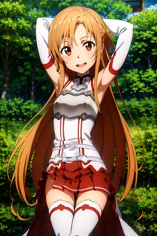 ((Best Quality)), ((masterpiece)), (be familiar with), Perfect Face, indoor, bedroom, Watching the audience,
One woman, Yuuki Asuna,
Open Mouth, Ecstatic expression, blush, smile,
Small breasts, Flat Chest, , , child, Girl,
Long Hair, Long Hair,
Leg spread,