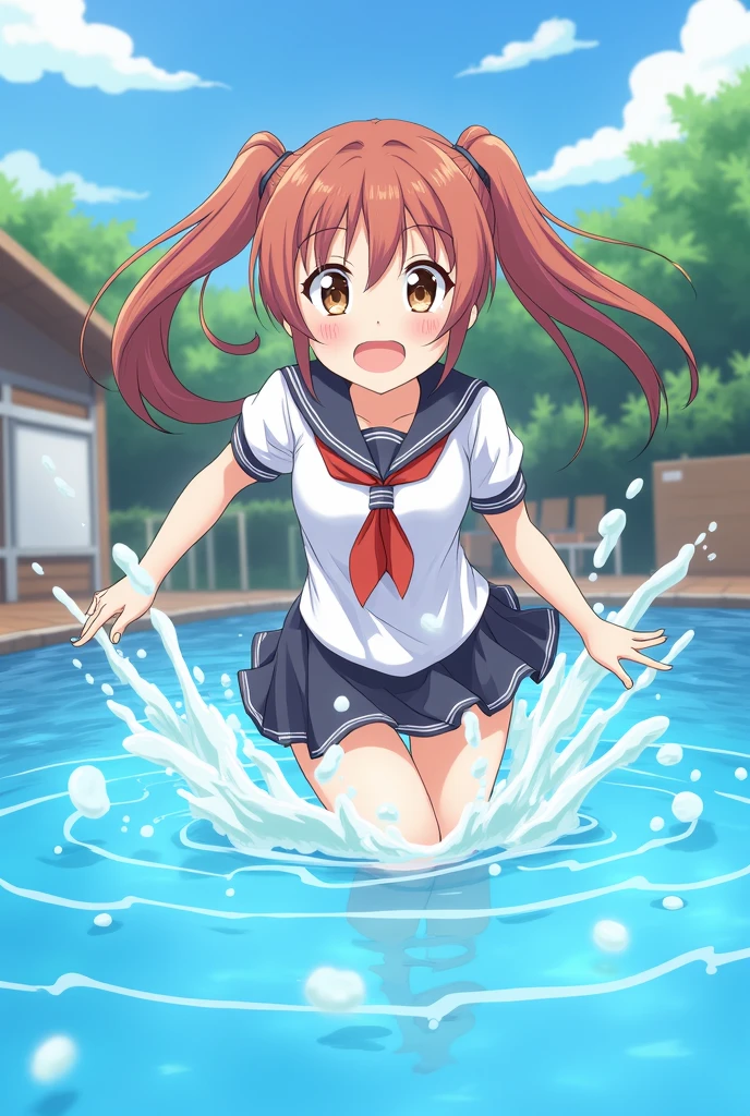 High quality, high definition, hig
h precision images,8k 1 Girl Robot Girl、red hair,Twin tails,Red eyes,robot style barrette, all dark blue school swimwear,white name tag on chest、school pool,He is facing the camera and splashing water from the pool with both hands.
inside the pool、playful face
