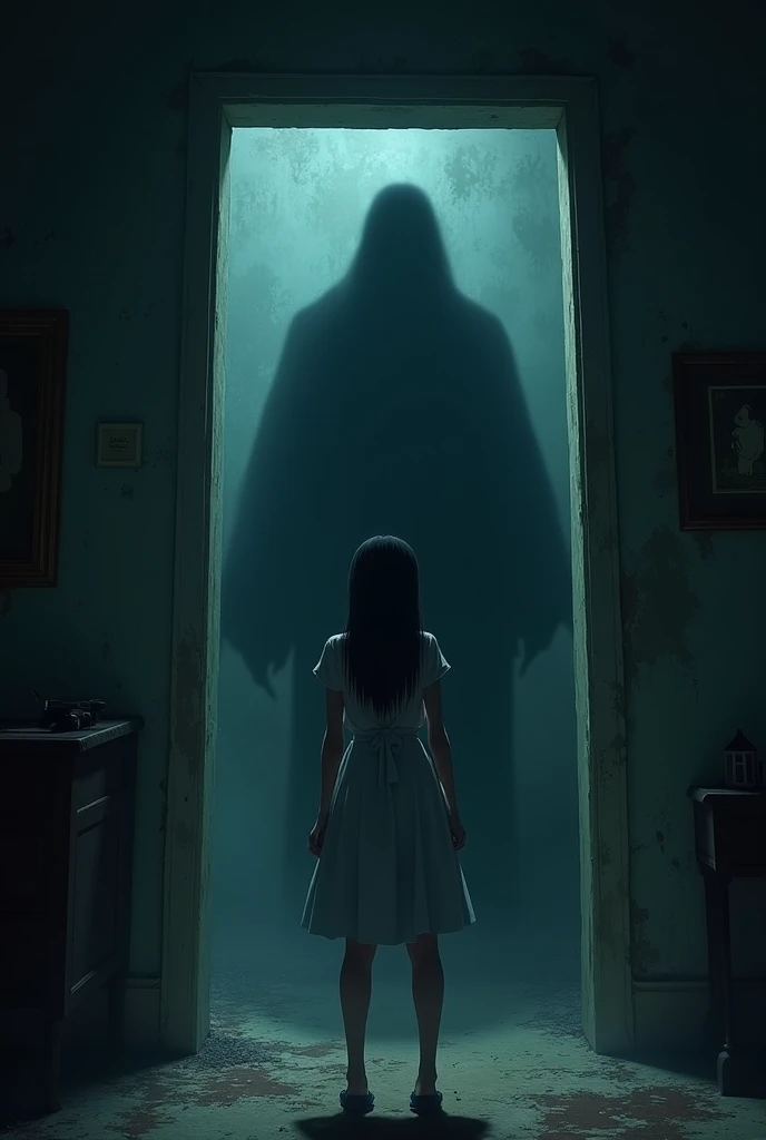 Make a picture in the basement you can see furniture covered with sheets and a girl about to open a large box in the center of the basement behind her you can see the shadow of a man, a terrifying silhouette in a horror environment.