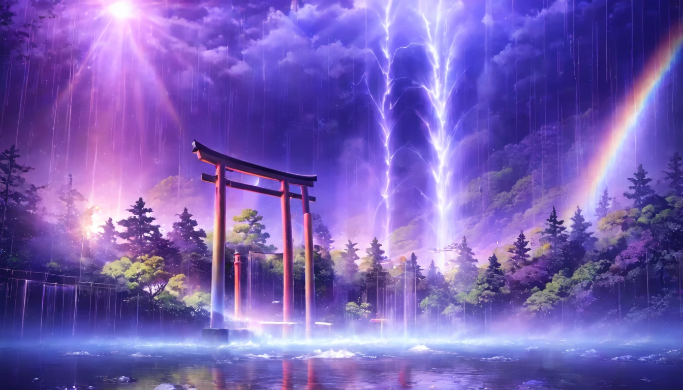 rainbow色、rainbow、rainbow色の世界、sun，Dazzling light，light，shine，Torii，waterfall，Streaks of light，High resolution, High resolution, 8k, Masterpiece 2:1,16k, 超High resolution, 超High resolution, be born,Excellent ,future、rainbow色の、The world in 30 years。