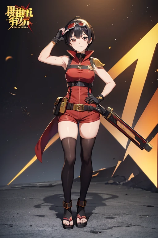 ultra-detailed, Explicit, Beautiful body, Beautiful Nose, Beautiful character design, perfect eyes, perfect face, ultra highres, 4K, beautiful legs, perfect legs, Nice hands, Perfect hand, Masterpiece, Best Quality, Highly detailed, illustration, absurdres, perfect anatomy, street fighter, doll suit, shadaloo doll, dollsuit, expressionless, blank eyes, looking at viewer, red gloves, emotionless, black latex, corrution, mind control, female combatant, full body, hypnotized, unhappy trance, full body suit, ribbed bodysuit, both arms at side, obey, perfect female body, extremely glossy latex, hypnosis, hypnoLora, empty eyes, Mind control device, poses, submissive_pose, Slave, standing straight, standing, standing at attention, hat, necktie, belt, latex, ribbed bodysuit, thighhighs, garter belt, Fighting Stance, extending the right arm from the shoulder into the air with a straightened hand, military, thigh boots, 1girl, hair ornaments, brown hair, short hair, brown eyes (((pixel-perfect, detail-perfect))), solo, 1girl, Mirai Kasuga, MILLION LIVE!, spread legs standing, arms up, arms behind head, crossed arms, collar