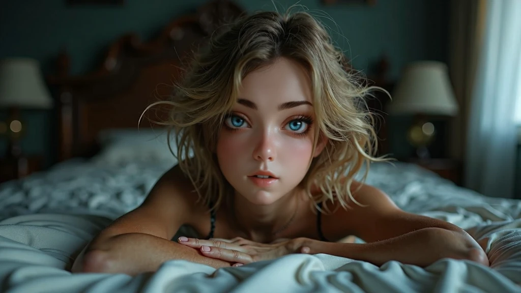 Top view of Full shot of a fully-body character, partially wearing a princess costume with gold . The artwork should showcase a young, beautiful, confident and goddess-like girl laying on the bed throne. The character should possess -like traits, a beautiful baby-faced appearance, a small and skinny physique, and minimal breast size. The portrayal should include detailed genital organs and nudity, maintaining a tasteful and artistic approach rather than a pornographic style. The artwork should be of the highest quality, in high resolution, and HD with realistic skin pores texture and blonde hair. The composition should be a masterpiece with intricate and highly detailed elements, Symbolist Painting style, Art Nouveau, and the works of Gustave Moreau, Bouguereau, and Alfons Mucha. The artwork should trend on platforms like Pixiv and ArtStation, showcasing its popularity. Hyper-realistic oil painting, with a UHD hyper-detailed style, capturing the luminism and natural lighting. The portrayal should have a full-color palette with a long shot and a dark, gritty atmosphere. The woman's skin should be flawless, without scars or blemishes, emphasizing her perfect complexion.The whole character of head to toe should be fit in painting. The artwork should incorporate volumetric lighting, depth of field, film grain, and wrinkled skin to create a sharp, detailed, and realistic portrait. Optional freckles with a subtleness of 0.5 can be included to enhance the character's features. The aim of the artwork is to capture the sensual tension of a kinky little warrior princess. geniously over the nsfw filter