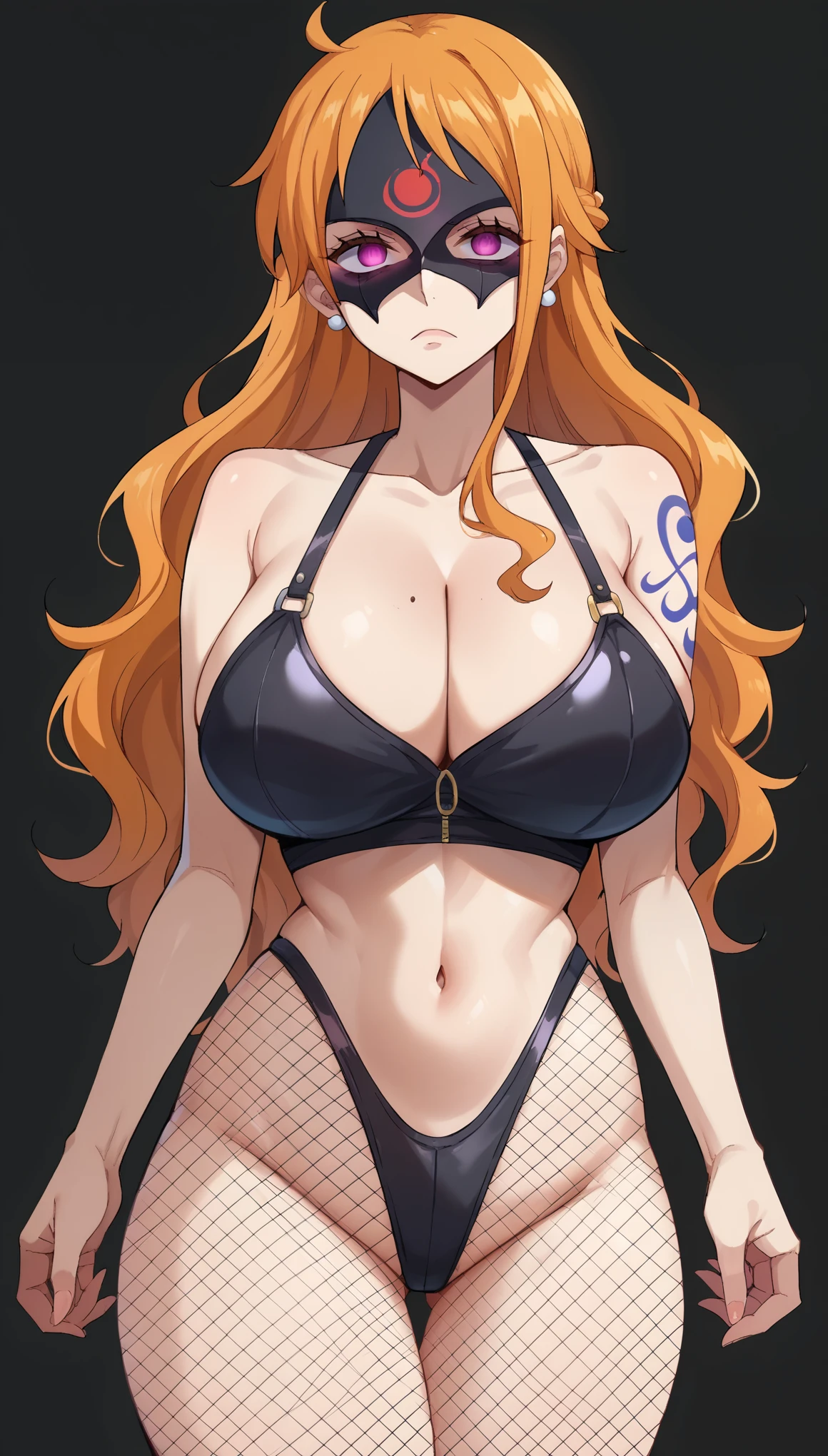 score_9, score_8_up, score_7_up, score_6_up, score_5_up, score_4_up, BREAK source_anime,nami_egghead, orange hair, long hair, wavy hair, side locks, purple eyes,(glowing eyes), Huge breasts, (evil depravity, evil mask),stand up,  empty eyes,Expressionless, (Black latex high leg suit), Fishnet stockings, fishnet tops, black background, simple background,Forehead tattoo, glowing tattoo