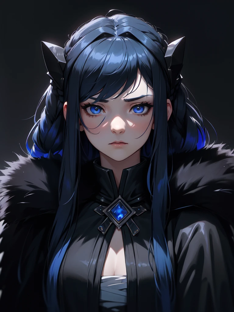 portrait, 1girl, young girl, cute girl, soft face, dark blue hair, anime hair, medium-long hair, yellow eyes, ninja, medieval, fantasy, RPG, cat ears, hidden human ears, at a medieval city, (best quality, masterpiece)
