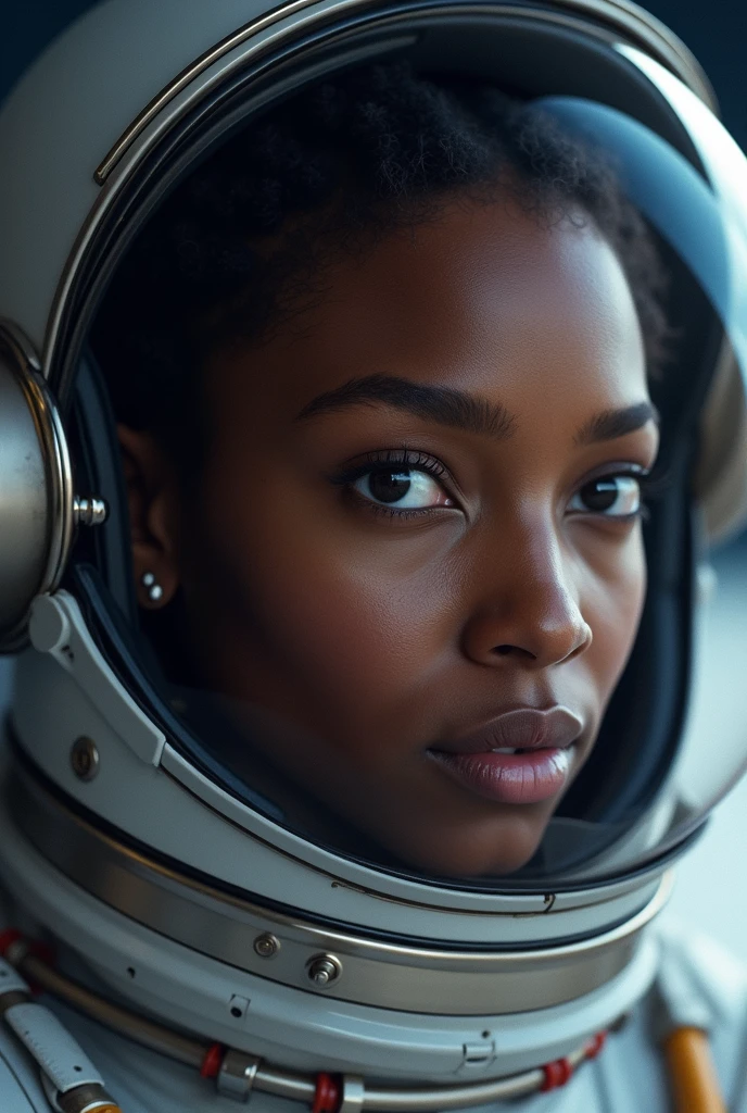 Smiling black girl, (white: 0.9), retrofuturism, interior, (moles:0.5), (artstation:1.2),(epic realistic:1.3), (hdr:1.4), (violetshot:0.7), intricate details, (rutkowski:0.8), intricate, cinematic, detailed, muted colors, (astronaut suit)