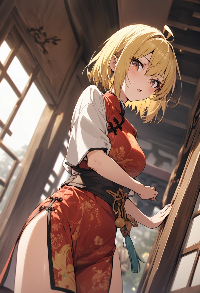 Top image quality 1 girl in shrine maiden clothe a smile Beautiful back Transverse breasts The whole picture suns Blonde Short Bob Red ribbons Senzoku Nishikiki