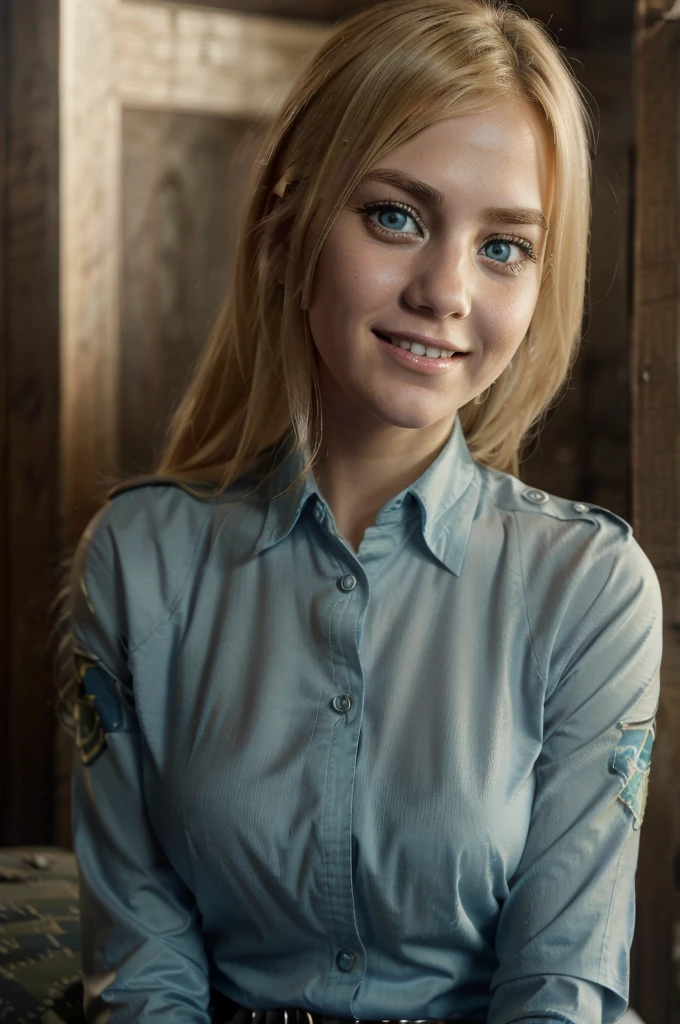 Very young blonde and blue-eyed woman, ultra realista, Krista Lenz beautiful realistic blonde hair and blue eyes, sexy, military uniform, sweet face, smiles looking at the camera, ultra realista, Happy expression, mischievous face, military uniform, best quality, female character, Beauty, realistic lighting, Attack on Titan, Reiss