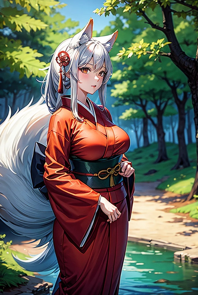 Capture the enchanting scene of a mystical creature perched on a gnarled oak branch in a lush, misty forest. The subject's lush mauve hair cascades down their back like a waterfall of evening twilight. Their bright yellow eyes gleam with an otherworldly intensity. Fox ears, delicate as porcelain, twitch with every subtle sound. Dark, shiny makeup accentuates their features, drawing attention to the deep cleavage and ample breasts. A vibrant red kimono, short and daring, clings to their hips like a second skin. A fluffy white tail, soft as silk, flows behind them like a wispy cloud. The overall atmosphere is one of mystical wonder, conjuring a sense of ethereal beauty.
