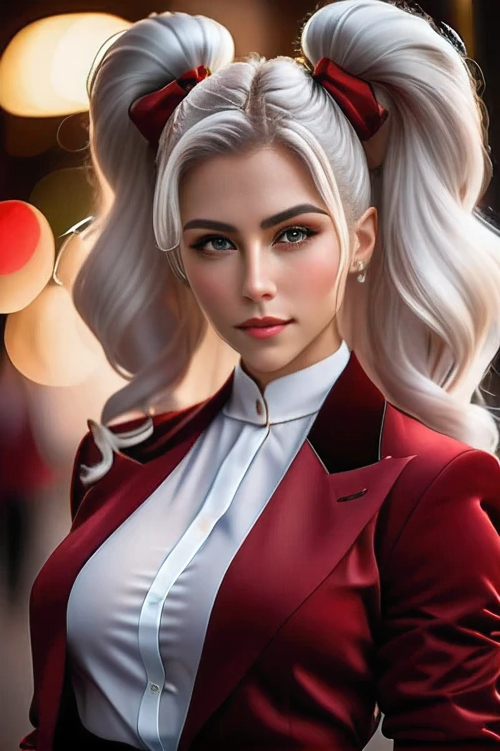 Portrait photo of muscular bearded girl in a sexy red maroon dinner outfit, ((light bokeh)), elegant, sharp focus, soft lighting, (white hair:1.1),vibrant colors, (masterpiece), ((streets)), (detailed face:1.1),  mega twintails, big hair,