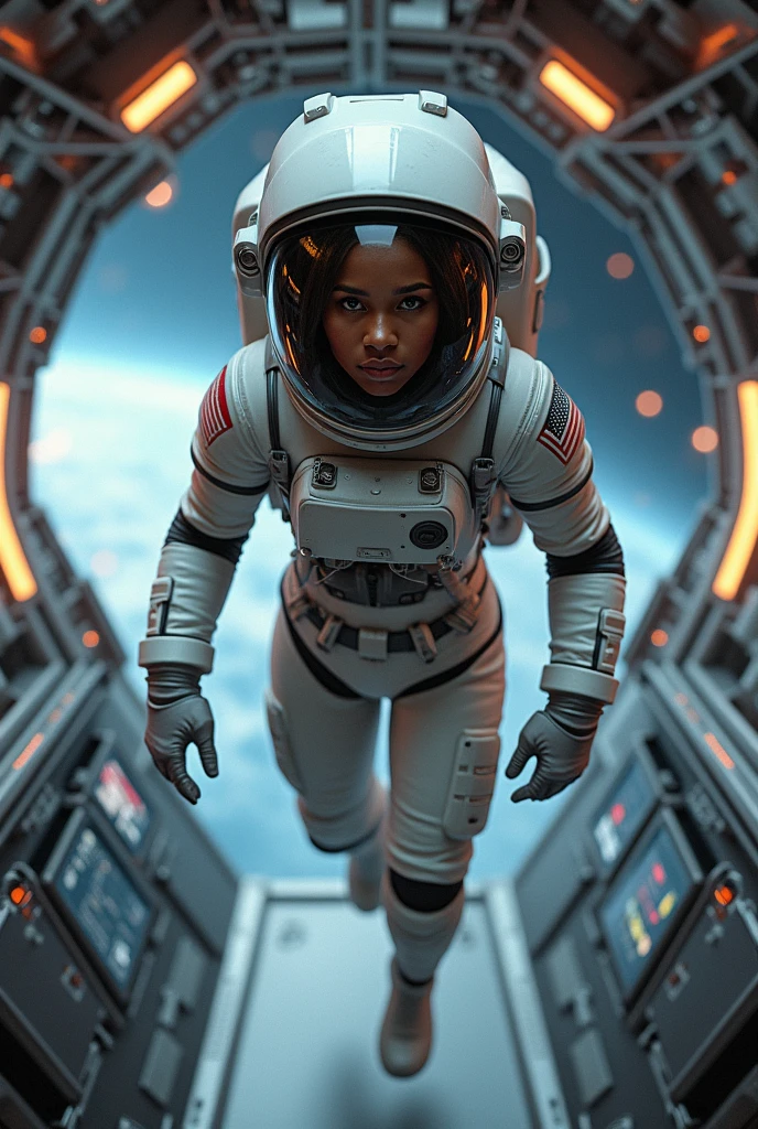 18 years old Italian woman, ((full body)), ((nude)), ((heavily armored space commander)), beautiful chest, standing with her legs spread apart, in the space ship at deep space far from the galaxy, no planet and no moon around there, fighting the huge alien space ship, milky way outside of the ship, zoom in from below