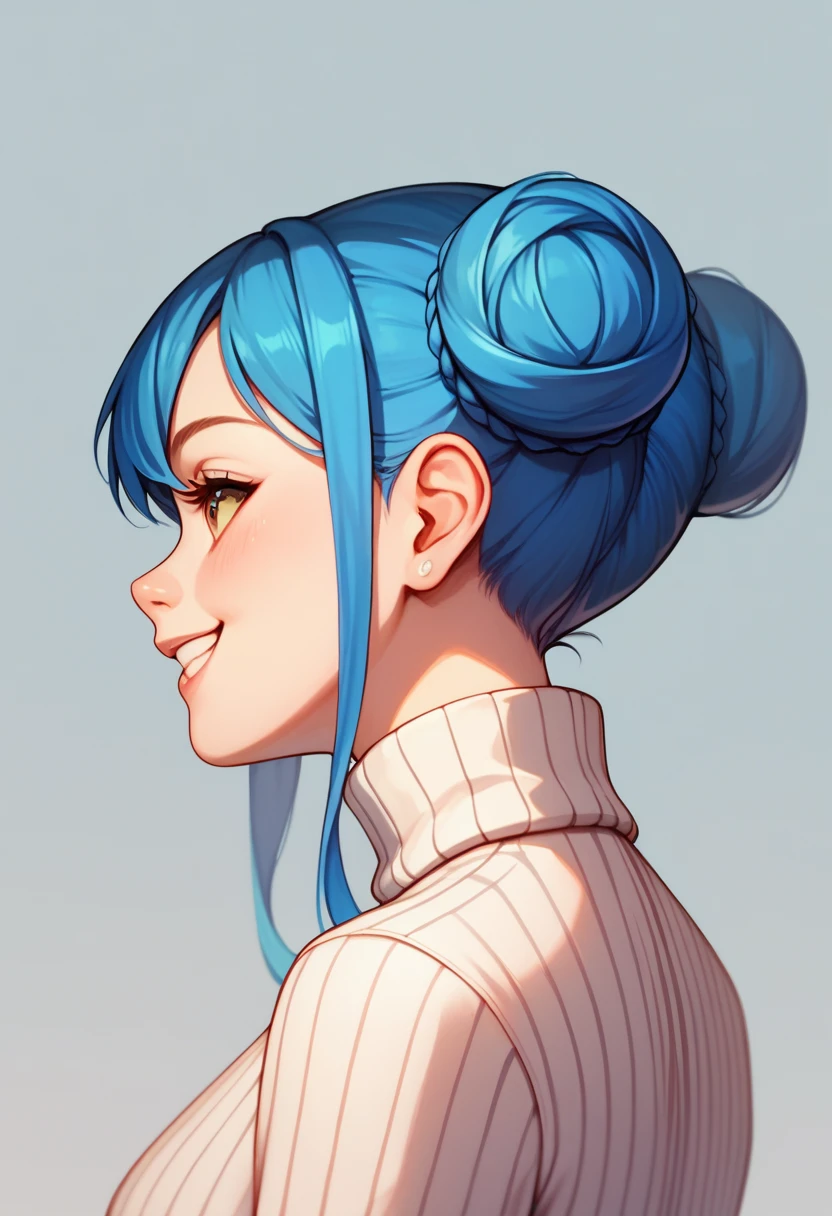 1girl, smile, close up, castel, blue hair,  back focus,happy,Turtleneck,clothing aside,double vertical stripe.double bun,from side,on side,