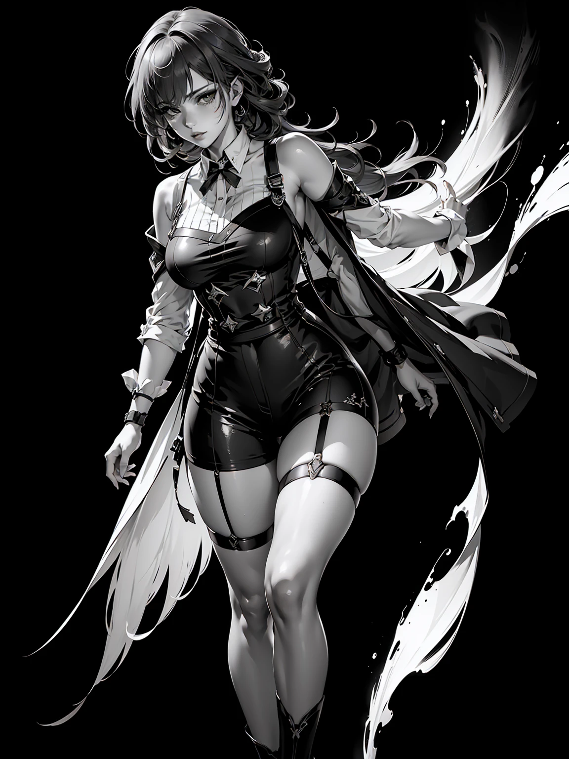 (best quality, 4k), (ultra details ayes), epic realistic, Kafka character, honkai star rail , stocking suspenders, anime style, vintage, (black monochrome background) best form, details, walking