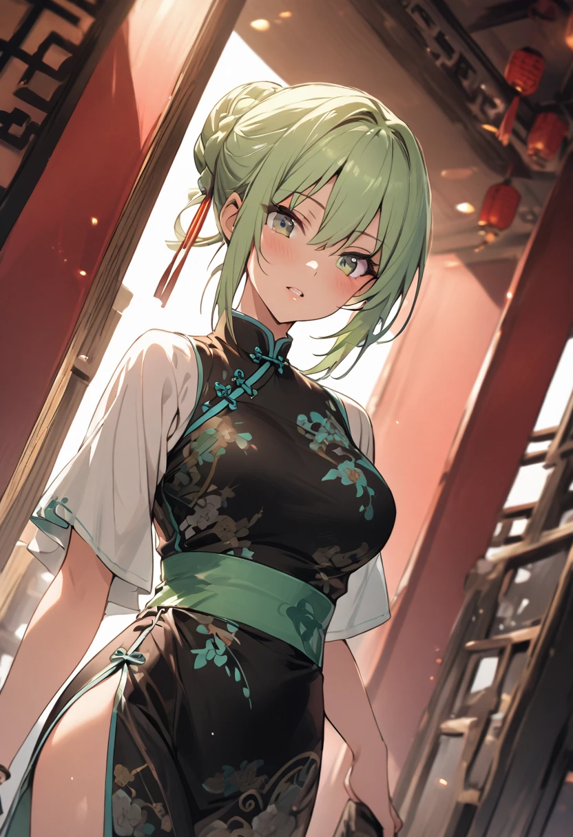masterpiece, high resolution, high quality, green cheongsam, eatery, big breasts, cat ears, floral pattern, yellow eyes, gray hair, twin tails