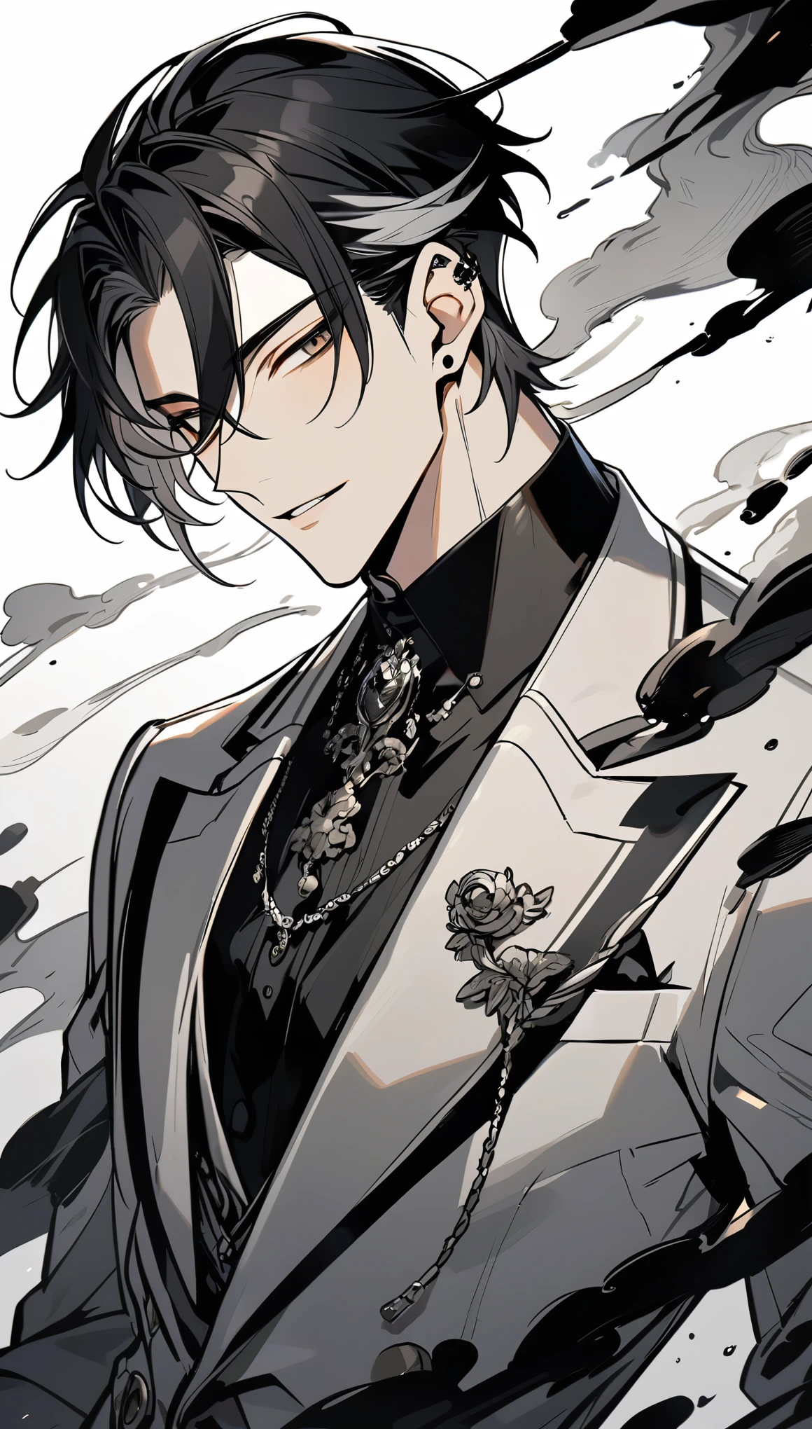Handsome, solo, 1 male, short hair, black hair with smoke gray hair tips, brown eyes, black shirt, black and white suit