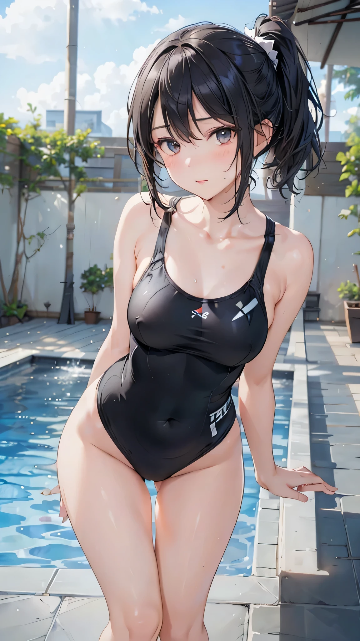 1girl, shy girl, (perky breast), (hard nipple), small breast, wet body, opening legs, camel toe, kawaii face, well proportioned face, embarrassed, black eyes, black hair, blunt bungs,  short bob hair, see-through swimsuit, see-through bathing suit, transparent swimsuit, skin dentation, small breasts, slender body, , school pool, full body, from below angle, (nsfw), peeing, peeing self,