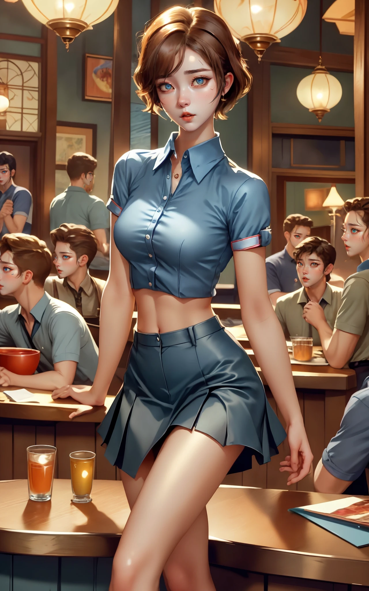 1girl, 1boy, Wide angle, cafeteria, people in background, crowded background, man fucking woman in missionary style sex, mouth gape, sex vaginal creamiper, cum in genitals, women, seductive expression, skin imperfections, acne, chapped lips, pink colored hair with a mix of blue hair , wavy, messy, curly, hair, crowded, crowd of people cheering and shocked, unbottoned blue shirts, short skirt, alluring pose, black stockings, open jacket, sexy neckline, large neckline, 16k, photorealistic, real photo, nikon d800, skirt lift, genitals visible, private hair, photorealistic, bright lighting perfect composition, hyperrealistic, super detailed, 8k, high quality, trending art, trending on artstation, sharp focus, studio photo, intricate details, highly detailed, art by greg rutkowski