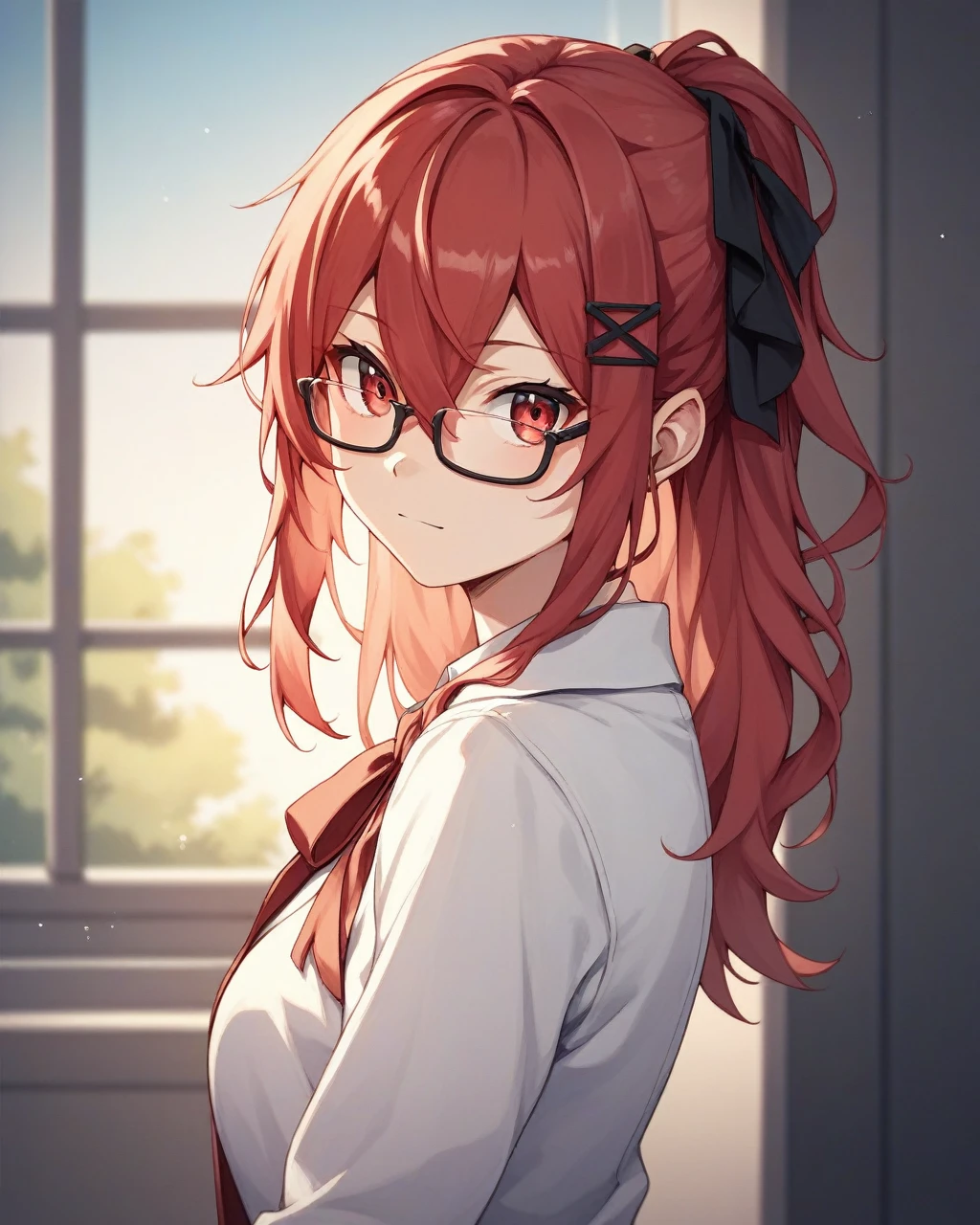 score_9, score_8_up, score_7_up, score_6_up, score_5_up, score_4_up, BREAK source_anime,
1girl, solo, hair ornament,hair ribbon,hair between eyes,red hair,red eyes,long hair, clothes suit casual, glasses,