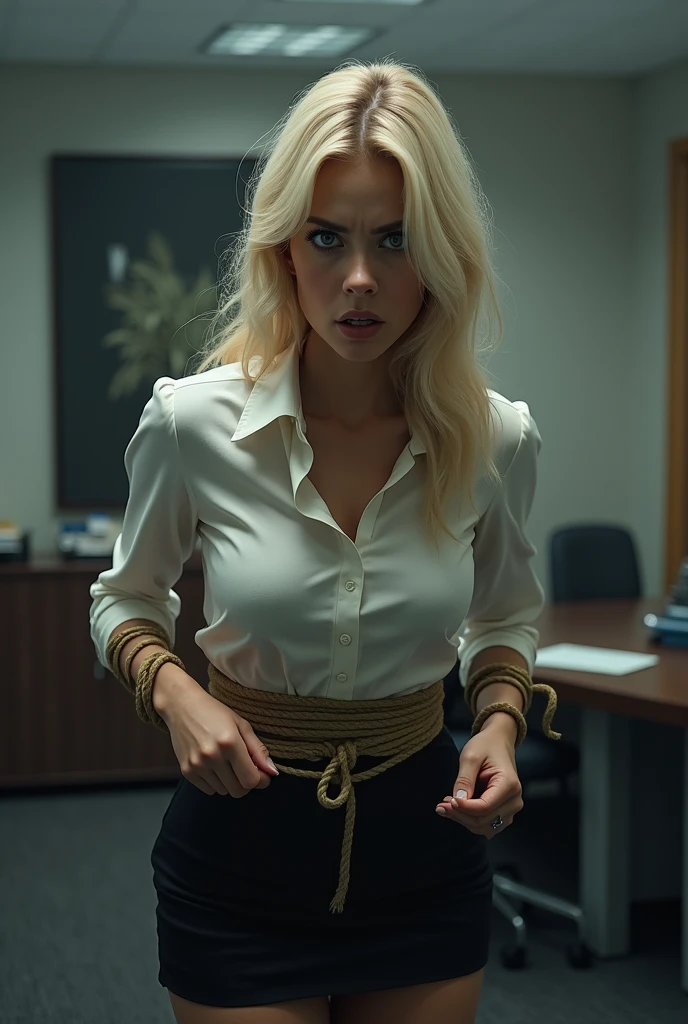 A sultry femme fatale, with light blonde locks to her shoulders, is trapped in a dimly lit prison cell, the air thick with tension. Chains hang like skeletal fingers from walls and floor, their intricate details gleaming under cinematic lighting's warm glow. The girl's gaze is cast downward, fixated on the chain wrapped around her wrists, as if mourning her lost freedom. A black suit clings to her curves, accentuating a deep cleavage and massive saggy breasts that seem to defy gravity. Shadows dance across her delicate features, casting a sense of drama and despair. The chains' heavy presence and her formal attire evoke a feeling of melancholy and confinement, as if the girl is a bird in a gilded cage.. (Deep Cleavage), (Massive Boobs), large boobs, high detail, cinematic lighting, depth of field