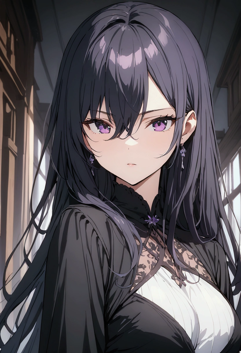 Best Quality　Masterpiece　Black Hair 　long hair medium breasts purple eyes