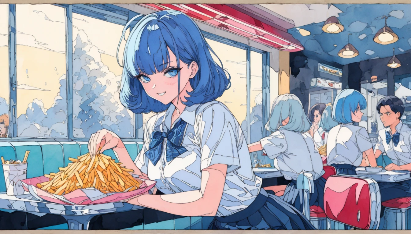 (((beautiful detailed)))(cute face:1.2)1girl, Girl smilying while eating a pile of french fries, Inside a 1950s-style diner, 1950s-style interior, Navy blue hair, blue eyes, A short-sleeved white shirt with four vertical bow ties, Ahoge, long bob cut with fluffy hair(sharp lines:1.2)(clear line:1.2)(eye details:1.3)(thick border:1.4) animation cel style,ligne claire, limited palette((masterpiece, high quality, best quality))(low contrast: 0.5),Anna yanami, blue hair, blue eyes, school uniform, makeine, too many losing heroines,Watercolor style, watercolor pencil, paper texture,90s style,Anna yanami, blue hair, blue eyes, school uniform, makeine, too many losing heroines,
