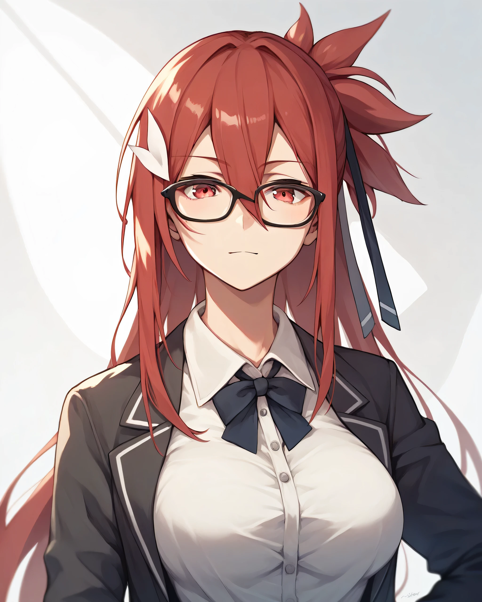 score_9, score_8_up, score_7_up, score_6_up, score_5_up, score_4_up, BREAK source_anime,
1girl, solo, hair ornament,hair ribbon,hair between eyes,red hair,red eyes,long hair, clothes suit casual, glasses, sexy pose, large breast,