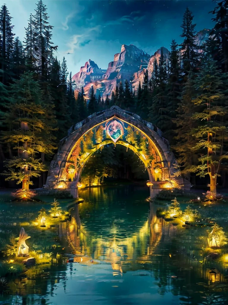 masterpiece, best quality, 8k, enchanted forest, vivid colors, magical atmosphere, whispering trees, magical whispers, harmony of nature, ethereal magic, breathtaking beauty, mysterious wonder, curved marble bridge, front view of the beginning of the bridge