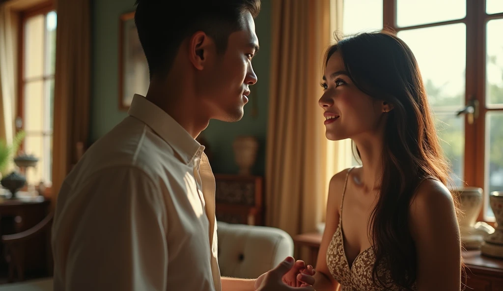 Photography of an Indonesian couple with a man holding his girlfriend's chest while smiling. The background is a very aesthetic, luxurious room complete with five-star hotel facilities.haypernaturalistic quality K65SUPER HD ultra shot sigma85 cannon on skin real details full body looks real 