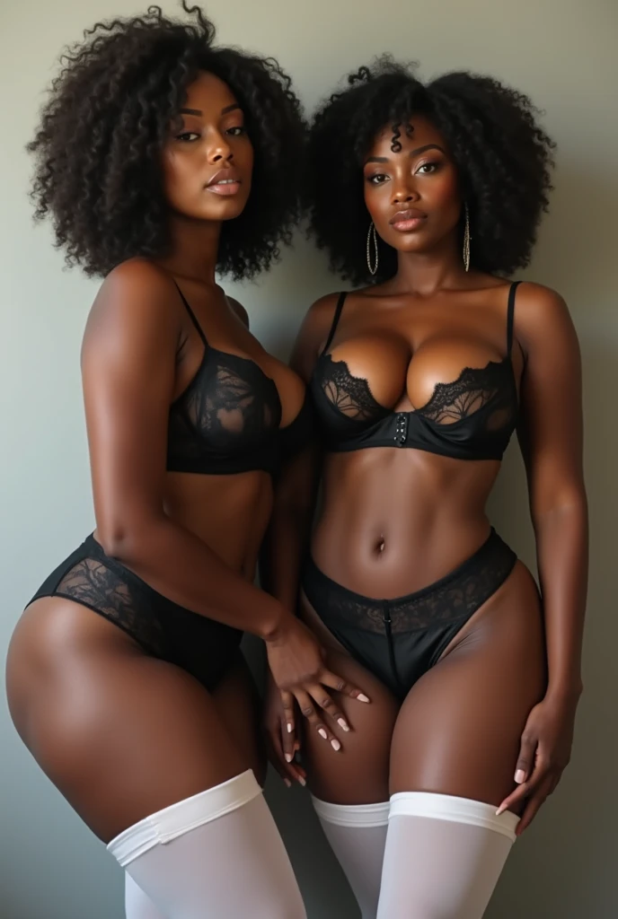 Two mature black women、Huge breasts、Plump body、Black sexy lingerie、Standing close together in the bedroom