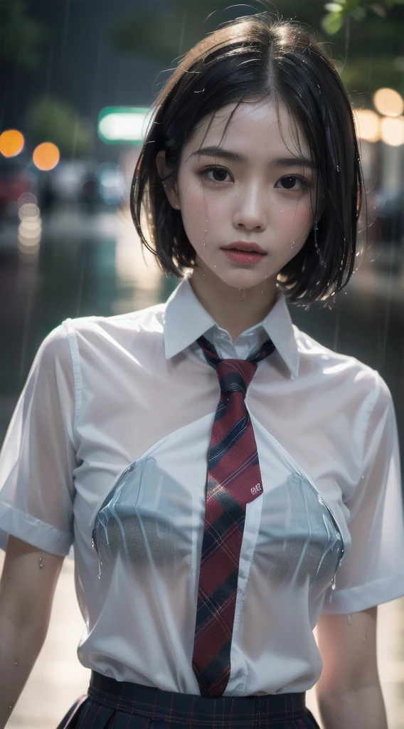 violaceaess, (gardeniass, rosaceaess:0.8), (masterpiece, best quality:1.3), delicate girl, beautiful short hair, close up, school uniform, white dress shirt, short sleeve, dark grey pleated plaid skirt, 8k, 50mm portrait, raw photo, absurdres, breasts focus, large breasts, thin arms, very thin waist, arch back, no makeup, worried, sophisticated, facelight, clear lighting, film grain, chromatic aberration, (dark red necktie:1.2), (rain, wet shirt:1.4), street, bokeh, (simple background:1.2)