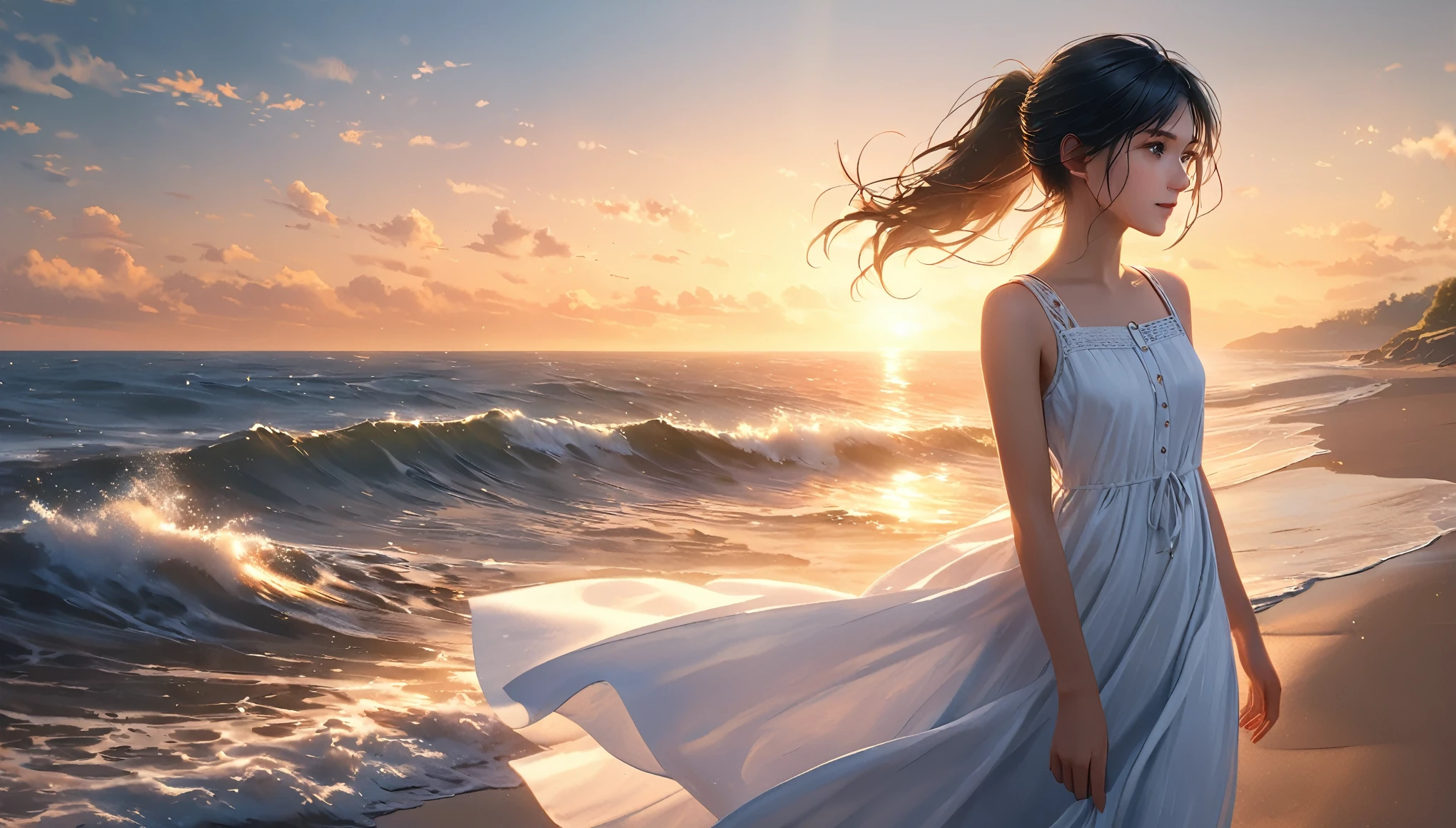 (A masterpiece of the highest quality:1.2)、A super detailed illustration，Perfectly shows the girl in the doomsday beach scenery。In the silence of the night、There is an atmosphere that is both sad and hopeful.。 that girl sits on the soft vegetation of the sandy beach、A figure can be seen in the cloudy sky。that girl&#39;Unspecified clothing.、Her figure、it&#39;Such exquisite rendering，So that every crease and texture is clearly visible.。Her hair fluttered in the wind、Low light in HDR landscapes
