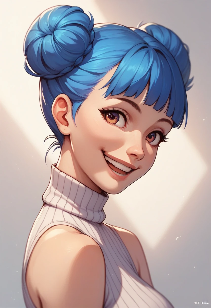 1girl, smile, close up, castel, blue hair,  back focus,happy,Turtleneck,clothing aside,double vertical stripe.double bun,from side,on side,