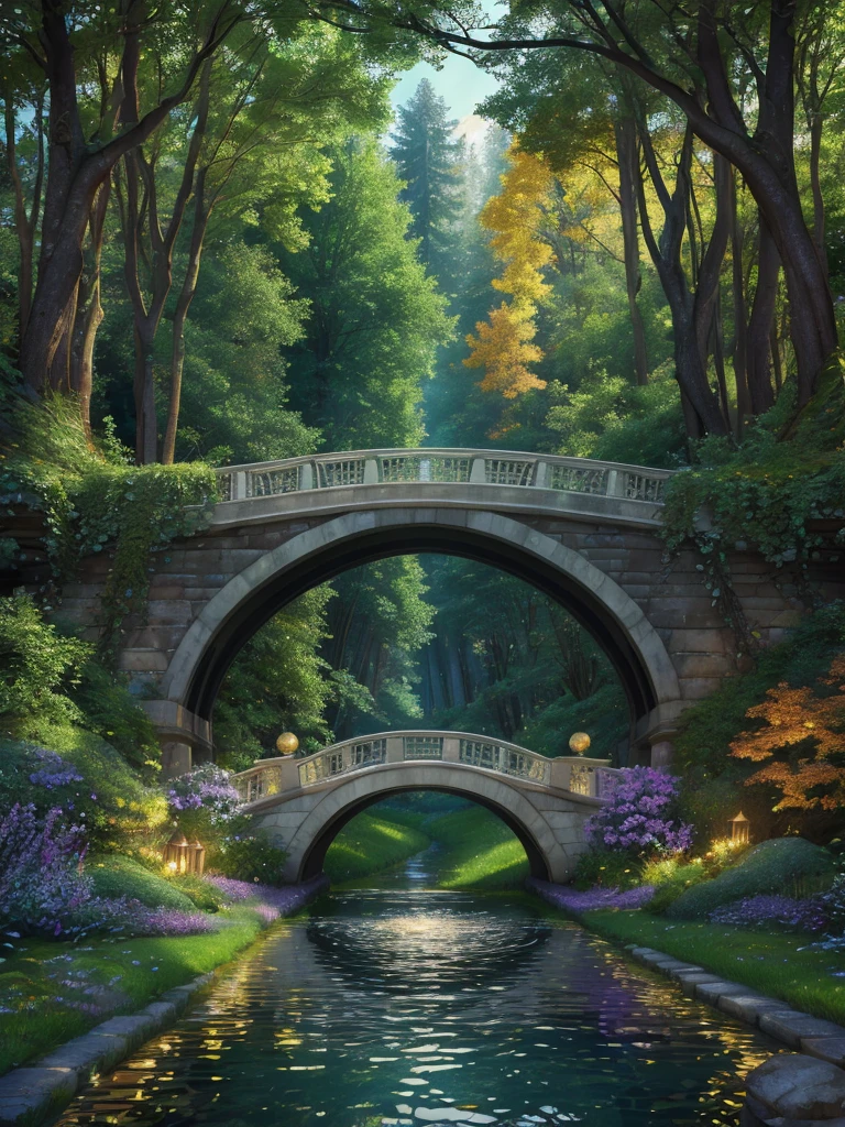 masterpiece, best quality, 8k, enchanted forest, vivid colors, magical atmosphere, whispering trees, magical whispers, harmony of nature, ethereal magic, breathtaking beauty, mysterious wonder, curved marble bridge, front view of the beginning of the bridge