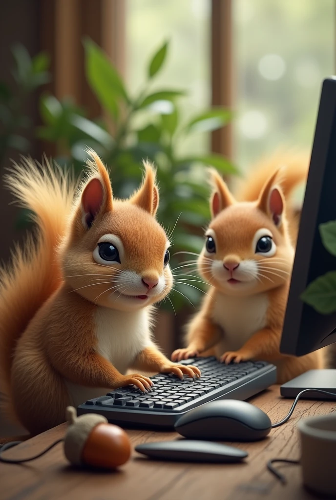 Stvori mi sliku s četri vjeverice koje se bave strujom i jednom vjevericom koja sve to gleda  i drži mobitel u ruci te da sve te vjeverice imaju sive majce s natpisom tehnoveverica