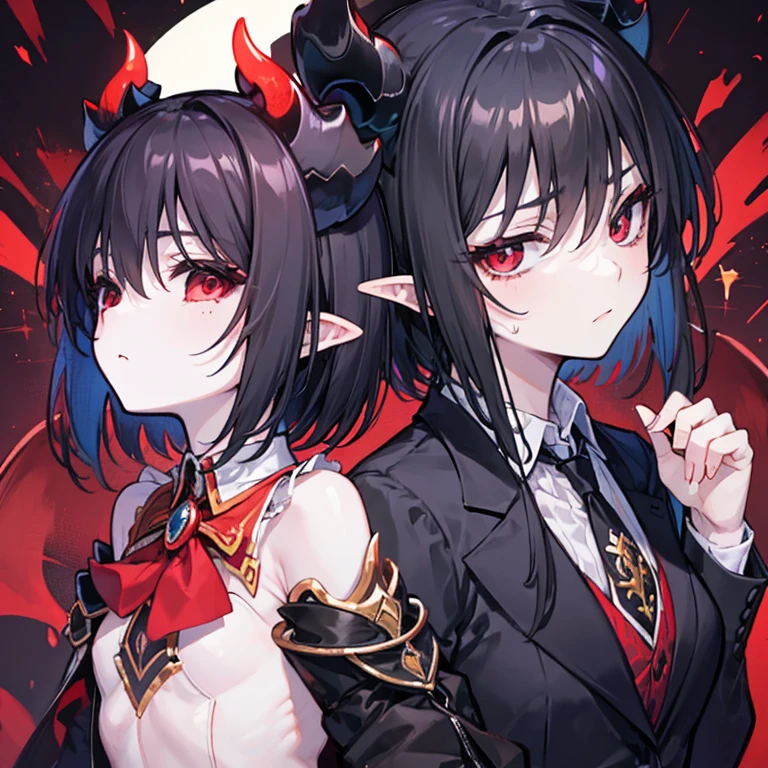 tomboy girl, handsome, black dragon horn on her head, abbys, monster, short black hair, (masterpiece:1.2、highest quality), (Exquisite eyes: 1.2), (Detailed Background、Dark fantasy), (cute detailed face), High Contrast, (Best lighting、Very delicate and cool), ((Cinema Lighting) )), black coat with white dirty dress, blood splatter, colorful, Hyper Detail, Dramatic Light, Intricate details, serious face, moon behind (20 years old, 1 girl, solo, black short hair, messy hair, pony in left ,Sharp Face, red eyeball, pony hair between the eyes, Dynamic Angle), (Blood splatter:1.4), Black light swirling around the character, Depth of written boundary, green light particles, Nightcore, black magician, Spectacular anime style, zerochan art, Anime Wallpaper, Burning, High quality anime art style, Key Anime Art