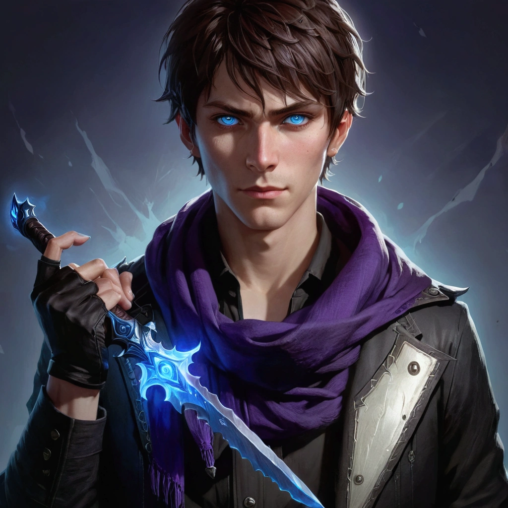 guy with short brown hair, blue eyes, black shirt,light silver jacket, purple scarf,holding a blue glowing knife, Gusion character from the game mobile legends: bang bang, realism, grotesque style,dark fantasy style 1970, professional photo, grotesque style , background dark palace inside