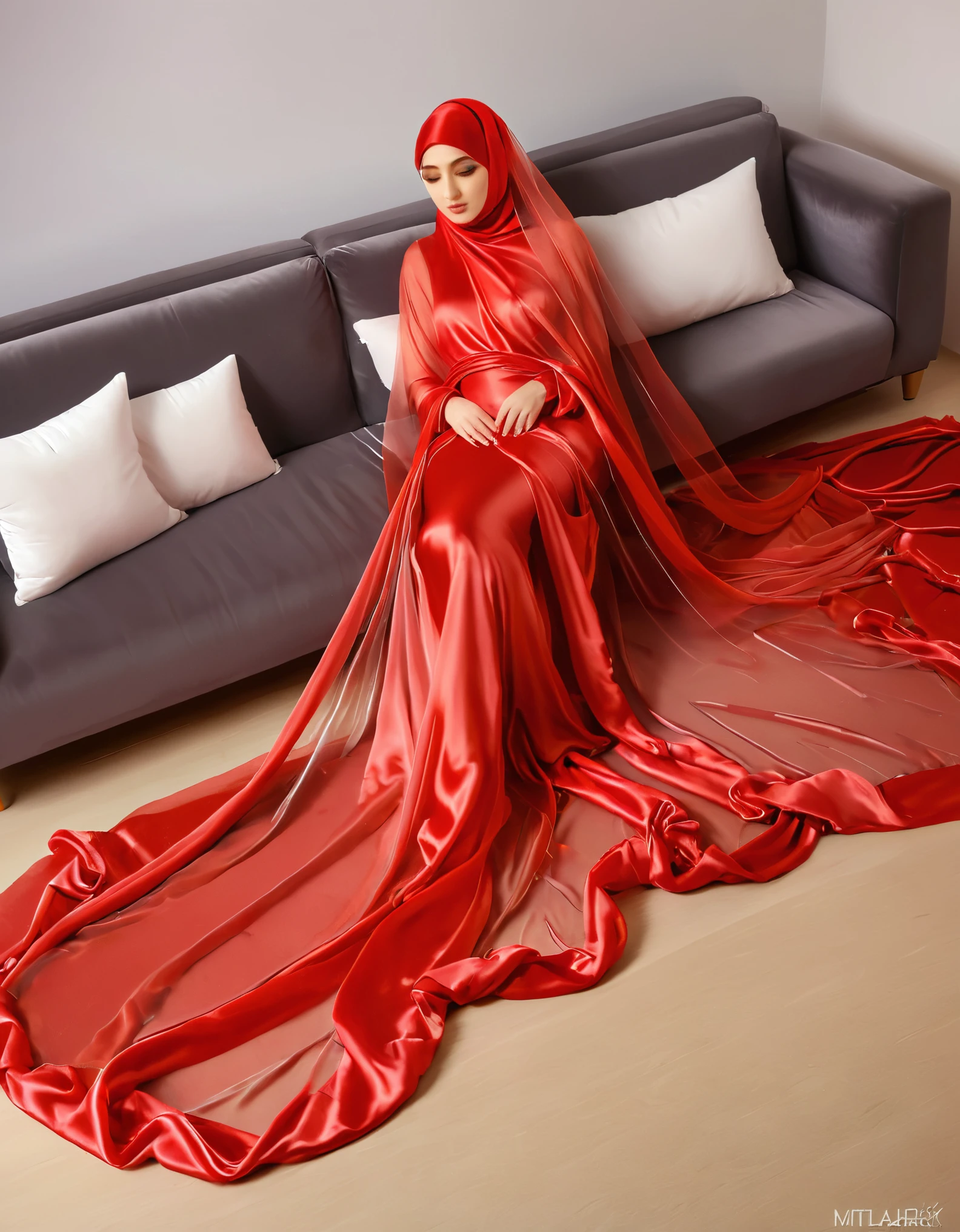 woman shrouded in a 10-meter-long, plush red semi transparent satin shimmer cloth, tightly bound and grandly draping along the form of her body, flowing off into a pooled floor-length train, her head modestly veiled in a satin hijab with transparent veil,in sofa, half nude,a full-body pose conveying a sense of mysterious elegance, captured in a 4k resolution, ultra-realistic