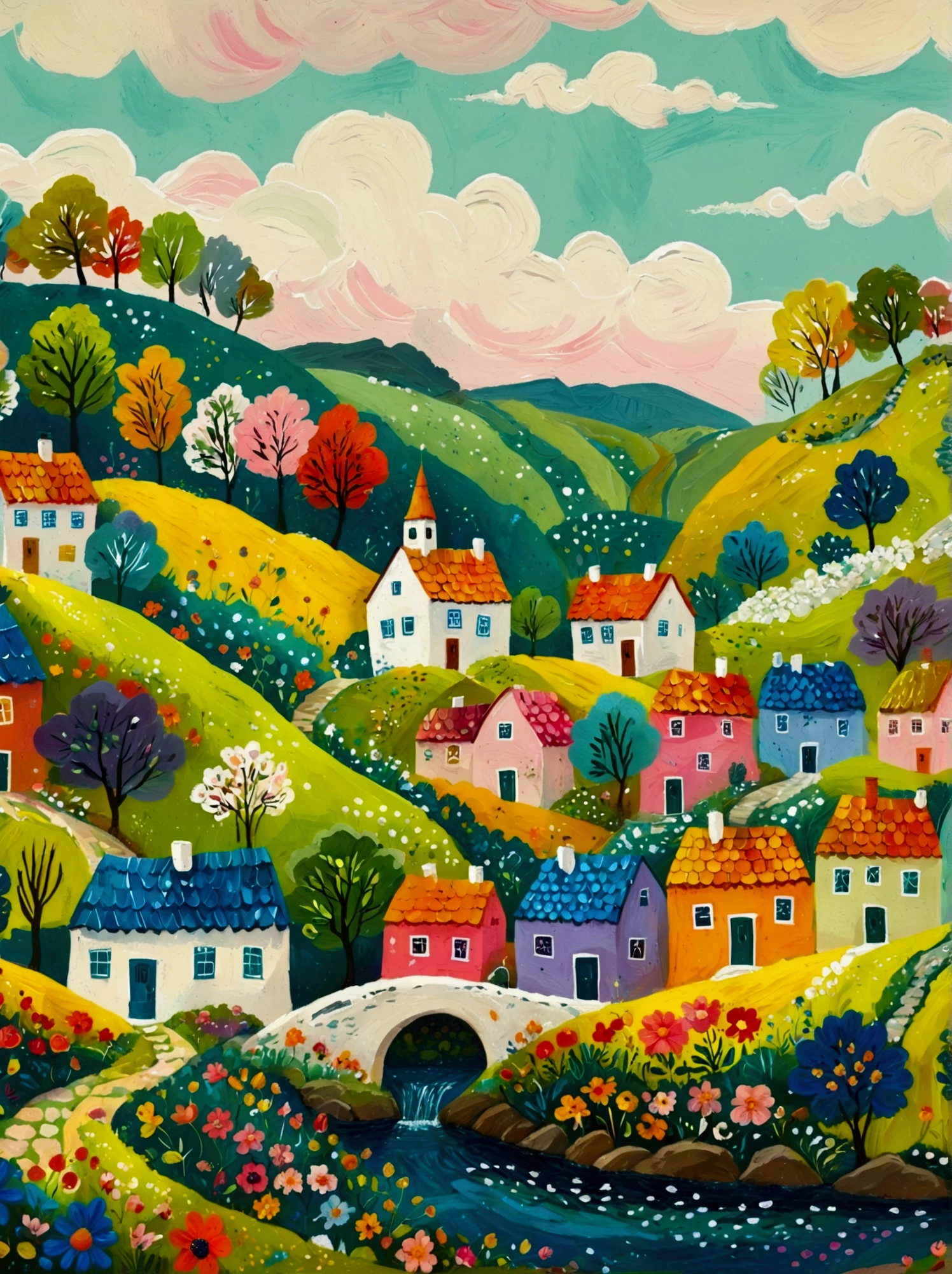 a painting of a village with a river and houses on a hill, a storybook illustration by Bohumil Kubista, featured on behance, naive art, colorful illustration, cottage town, colorfull illustration, colorful kids book illustration, editorial illustration colorful, countryside city scene, landscape illustration, vibrant gouache painting scenery, village in the woods