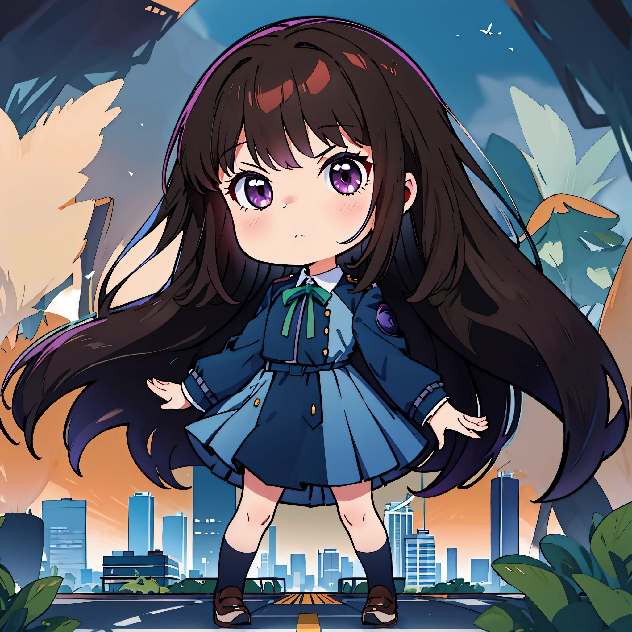 ((masterpiece, best quality, highres)), depth of field, 
BREAK, 1girl, ((chibi)), (chibi style), standing, fullbody shot, Serious expression, 
BREAK, (outdoor, city),   
BREAK, takina inoue, purple eyes, black hair, long hair, 
BREAK, long hair, lycoris uniform, green ribbon, long sleeves, two-tone dress, pleated dress, collared shirt, kneehighs