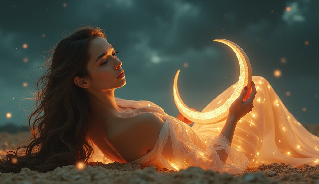 A woman with long black hair sleeps naked on the moon. The woman is plump and 2. Small candles are burning next to her and it is foggy.