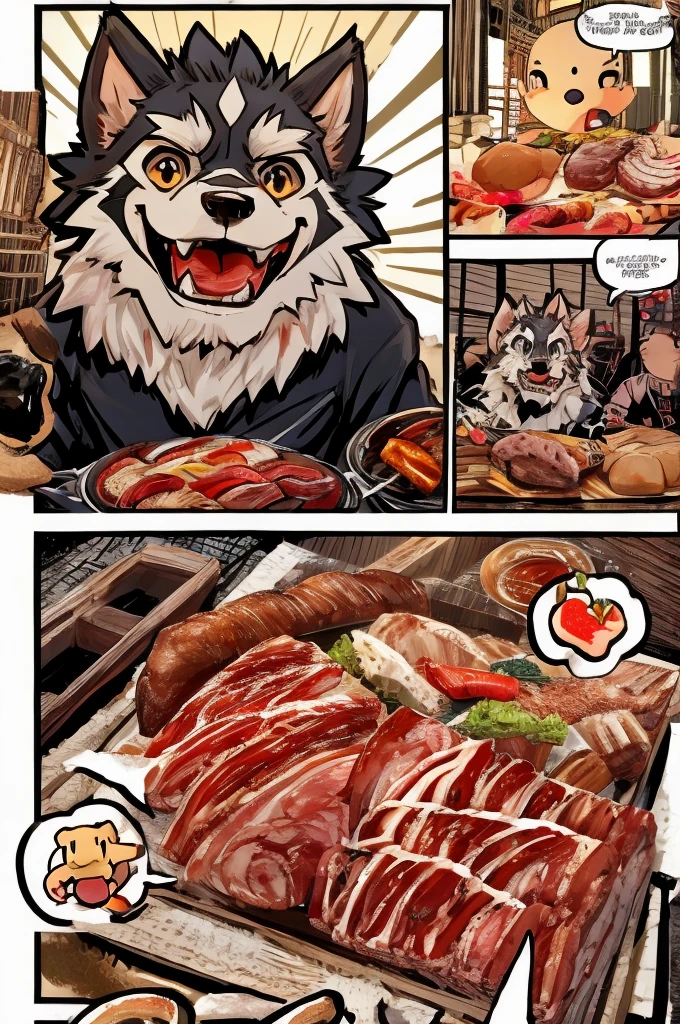 comics、Japanese Manga、 The scene where they talk about meat、Comical werewolf in a long-sleeved black shirt、Right in front of you、A delicious looking cartoon of meat appears、Happy Face、smile、cute、Use colors to draw the meat