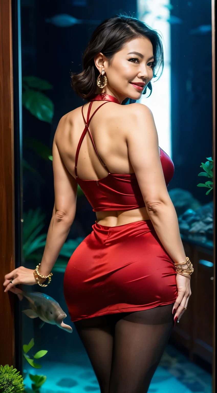 Stunning deepika padukone, super high quality, raw photo, masterpiece ultra realistic,photorealistic, 8k, ponytail, satin flowing dress, pyjama, droopy breast, ((wide hips, thick thigh, protruding ass)),butt to camera, ballroom background detailed, perfect hourglass figure detailed, perfect lighting, photorealistic, cowboy shot