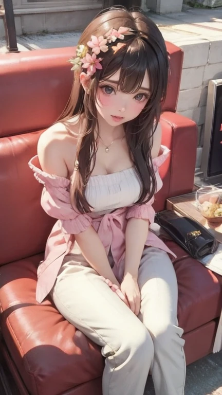 FULL BODYSHOT、an oil painting、masterpiece、8K、top-quality、hight resolution、(((Red hair)))、Cheerful woman、(((Very cute woman)))、(((cheeks are flushed)))、Shy smile、White bathrobe、inside in room、bobhair、(((I'm wearing a white bathrobe.)))、a short skirt、25 years old women1a person、(((Sitting on the couch)))、(((Pink heart pattern panties)))、(((Pink heart print bra)))、sexy underwear