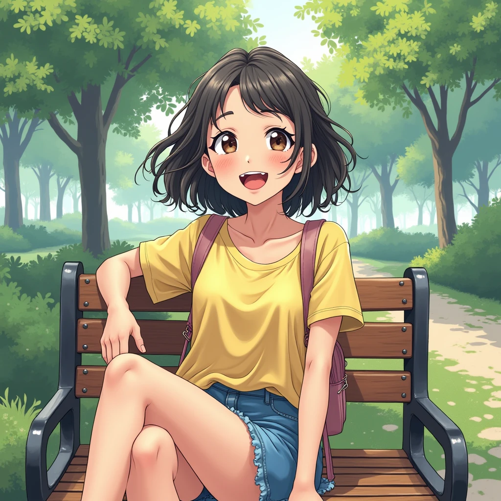 highest quality, An adult woman is sitting on a bench , summer、Rolling up the miniskirt。Laughing with a big mouth、Open your legs and put your hands behind your back、I can see pubic hair