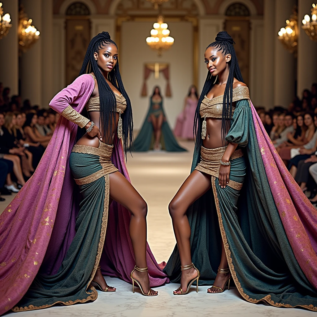 ((Inspired by Imeon Solomon))，A pair of beautiful and graceful twin dancers，Performing gracefully on stage，Wear flowing outfits in soft pastels，Delicate facial features，Exquisite makeup，Long eyelashes，Dramatic studio lighting，Vibrant colors，Dynamic posture，Soft background blur，High-quality 3D rendering，masterpiece, best quality