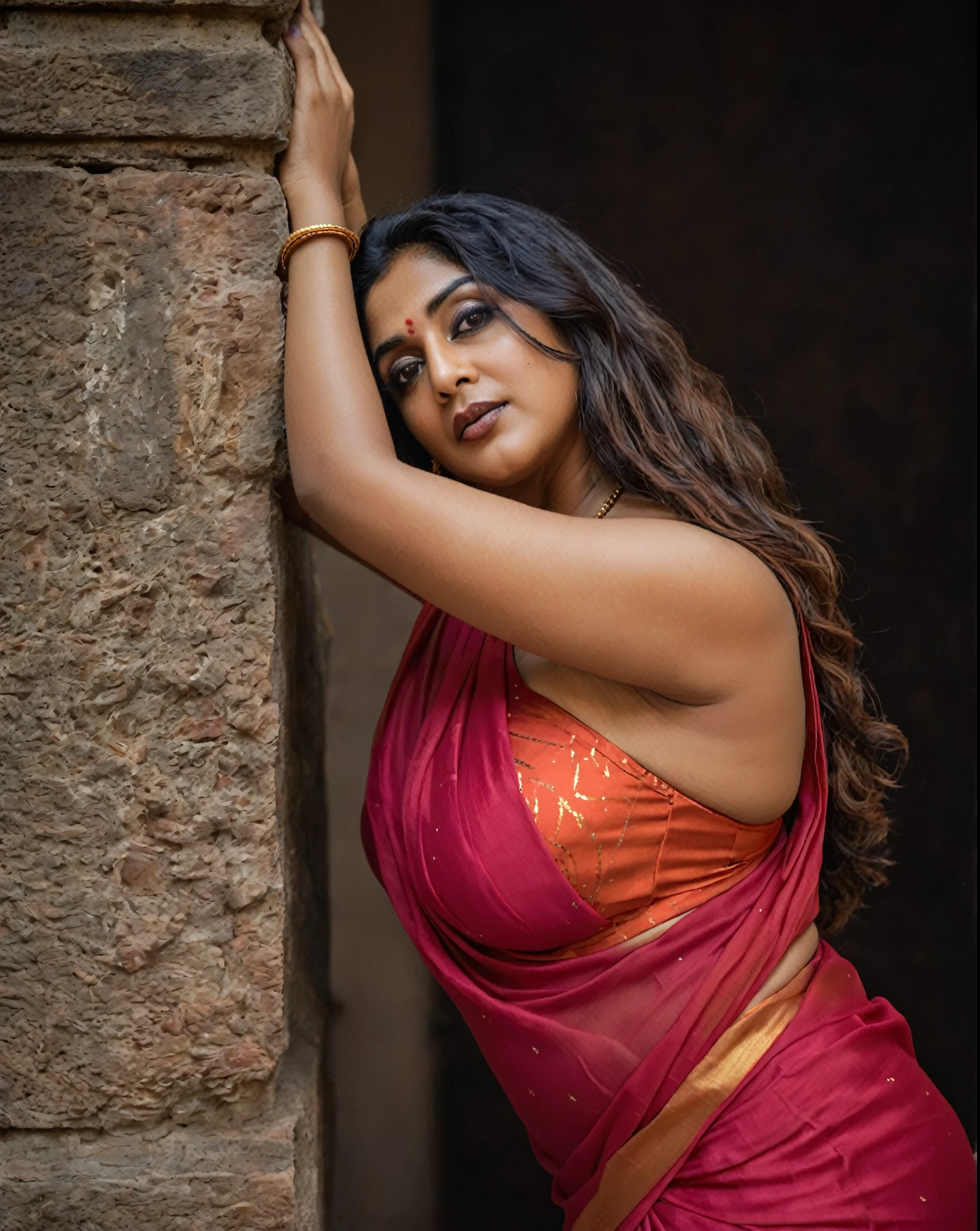 Looks like Nayanthara, (a Close-up Portrait photo of a middle aged Indian woman),(solo), (metalic skin color),(Highly detailed face:1.4)(background inside dark, Moody, Private study:1.3),(split lighting: 1.4)(old indian woman:1. 60, milf, heavy figure, fleshy figure, curvy, thick heavy figure, fluffy hair, mallu aunty, thick fleshy aunty, deep juicy navel, deep cleavage, styled dreadlocks hair,swag,extremely detailed armpit hairs,portrait,half body,detailed eyes and face,detailed hair,traditional clothing, traditional saree without blouse, aged appearance,royal background,studio lighting,vibrant colors,dignified expression), Nikon D850, film stock photograph ,4 Kodak Portra 400 ,Camera f1.6 shots ,Rich colors ,Ultra photo realsisim ,Lifelike texture, Dramatic lighting , cine still 800, looking extremely sexy in sequin saree and bralette,  wear, spicy hot, stunning beauty, ethnic saree style, bulky fleshy figure, she likes to wear saree without bra, Bengali traditional blouseless saree, wearing a stanapatta, traditional Indian strapless bra, looks so hot in modern sleeveless blouse, sexy Sheer Sleeveless Blouse, sexy off shoulder blouse, heavy figure, wide body, showing her sexy stubble armpits, aesthetic, sensually appealing, smokin' hot, Sexy mature aunty, spicy hot, sizzling, sensual desire, sexy navel folds, fleshy figure, curvy belly, juicy thick mommy tummy, curvy waist, sexy mature mommy teasing with her killer looks, slay queen, alluring bulky figure, provoking sensual desire, Indian aesthetics, 