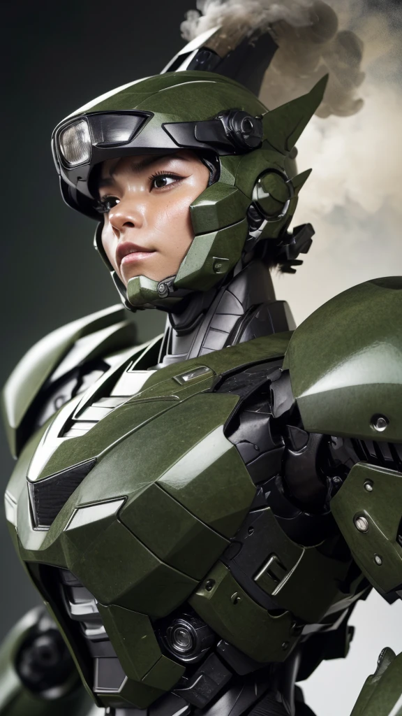 Textured skin, Very detailed, Attention to detail, high quality, 最high quality, High resolution, 1080P, hard disk, beautiful,(War Machine),beautifulサイボーグ女性,Mecha Cyborg Girl,BATTLE MODE,Girl with a mechanical body Black Hair Short Hair Boyish Dark green armor Soaked Face Change is over Steam coming out of the head ((whole bodyから湯気が吹き出す) front whole body