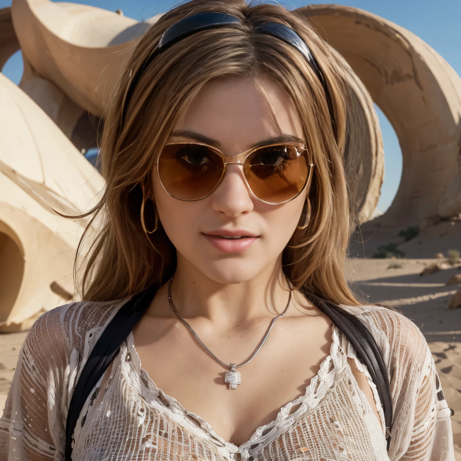 ((Best quality)), ((masterpiece)), ((realistic)), ((Best quality)), ((masterpiece)), ((realistic)), Girl walking in desert, looking tired, wearing Loose-fitting clothing Long-sleeved shirts and pants, Headgear, Sunglasses, very beautiful, in a natural and casual style on eye level, scenic, masterpiece, (highres), original, extremely detailed 8K , (photorealistic:1.4),flawless face, perfect eyes,symmetrica body shape,smile, tatiana.milovani